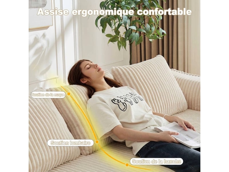  Canapé minimaliste en velours côtelé de 235 cm aux lignes courbes et dossier en pente douce, livré avec deux coussins.  - Conforama D