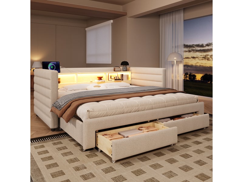 Lit simple 90x190 cm velours beige - tiroirs, led et usb - sans matelas - Conforama B