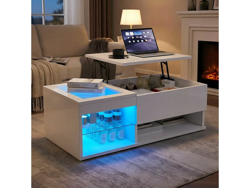 Table basse relevable blanche – led – rangement xxl – 2 tiroirs - 100×55×33 cm - Conforama C