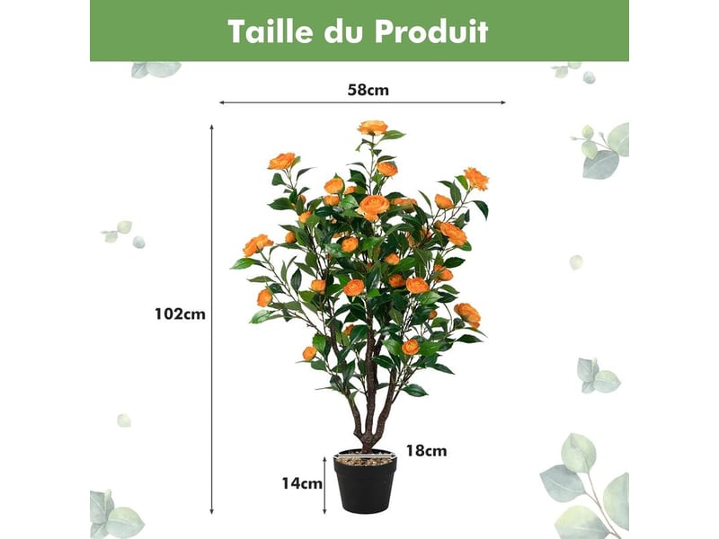  Costway – plante verte artificielle camélia 100 cm – 37 fleurs en pleine floraison – pot en pp avec galets décoratifs – résistante aux uv  - Conforama E