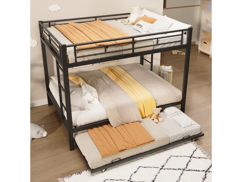  Lit superposé 140 x 200 cm, structure fer, avec lit gigogne, barrières hautes, noir, sans matelas  - Conforama C