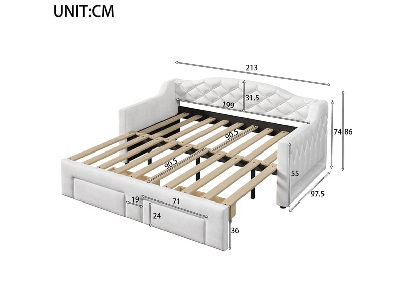 Lit extensible 90x200 extensible 180x200 cm en velours blanc, 2 tiroirs et led - Conforama C