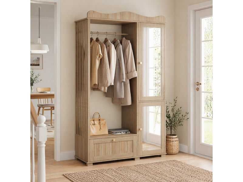  Armoire penderie 115,5x38,5x194,5 cm ouverte, miroir pleine longueur, 2 portes et tiroir, mdf, coloris de chêne  - Conforama B