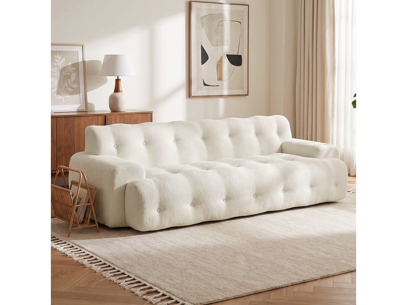  Canapé 3 places design arrondi effet capitonné tissu chenille crème  - Conforama B