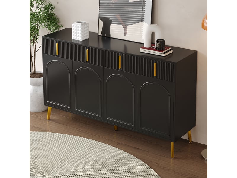  Buffet de rangement 140x38x82 cm, 4 portes, 4 tiroirs, étagères réglables, finition brillante pour salon et salle à manger - noir  - Conforama D