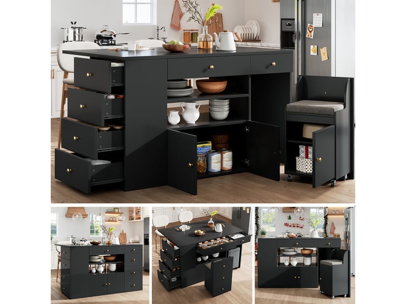 Îlot central avec tabouret et 6 tiroirs de rangement, îlot de cuisine noir en mdf et métal, dimensions 140x40x89 cm pour salle à manger - Conforama C