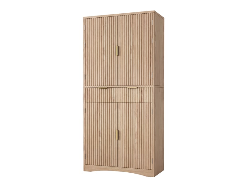  Buffet haut 78x40x180 cm avec portes à lamelles, armoire de rangement avec tiroirs et étagères réglables pour cuisine et séjour, naturel Seren Glow - Conforama A