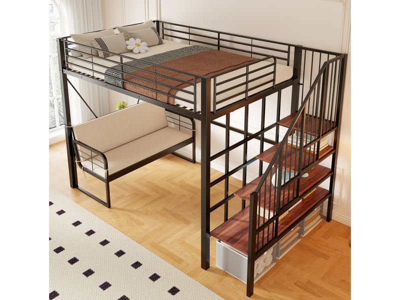  Lit mezzanine 140 x 200 cm en métal avec canapé amovible et escalier coffre noir  - Conforama E