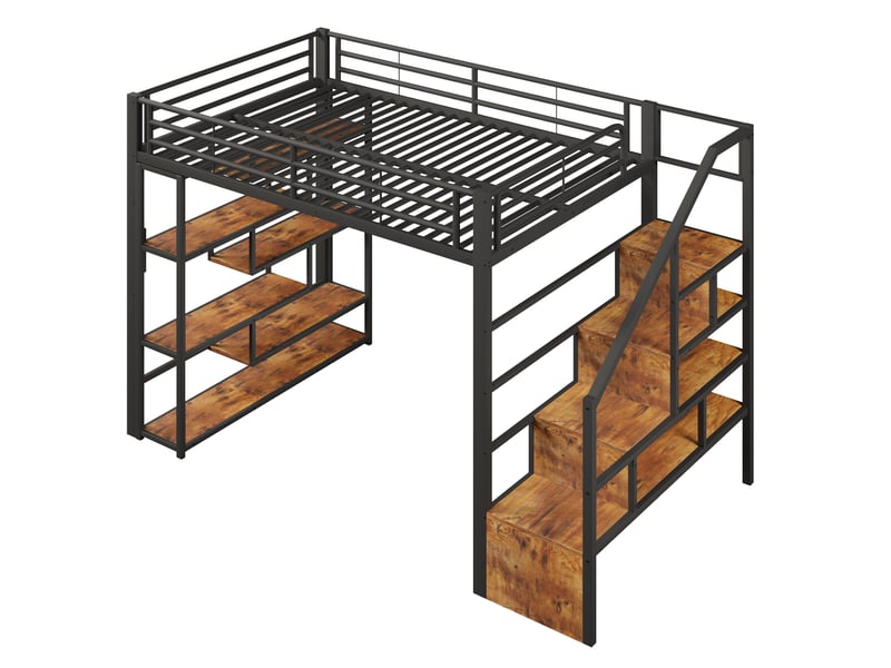  Lit mezzanine 140x200 cm - cadre en métal et mdf - marches intégrées avec rangement - bande lumineuse led multicolore 252x145x170cm - Conforama A