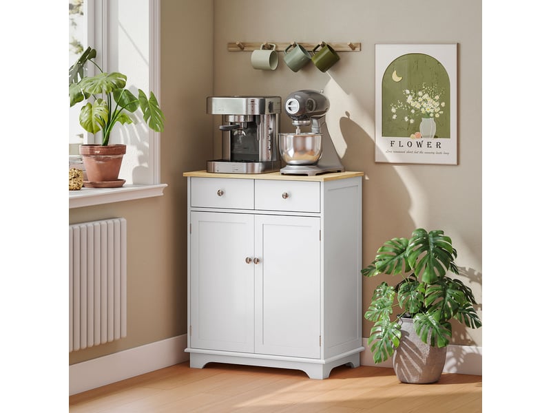  Meuble de rangement buffet salon avec placards à portes, 2 tiroirs et étagère réglable, armoire de rangement pour salon, cuisine, chambre, blanc et bois naturel  - Conforama D