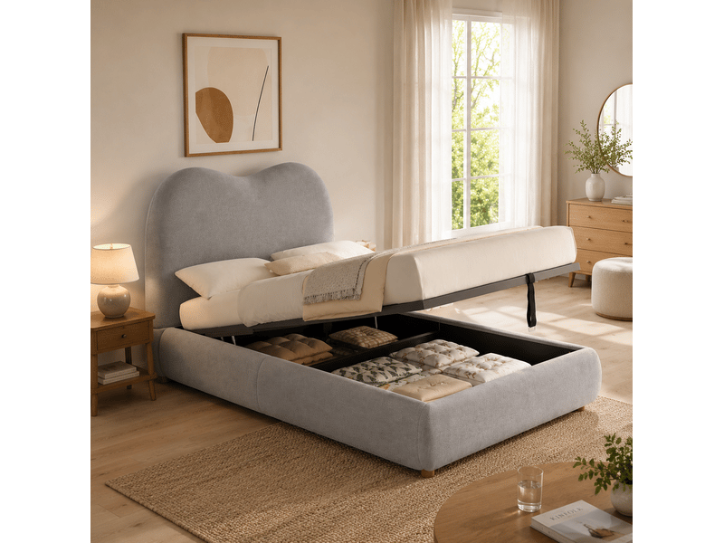  Lit enfant rembourré en lin gris avec rangement hydraulique  - Conforama D