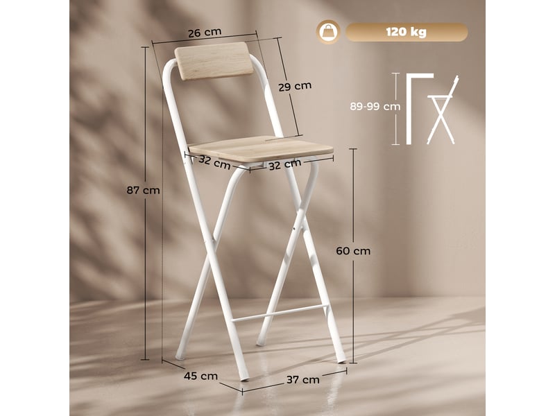  Ensemble de 2 tabourets de bar pliants avec dossier, repose-pieds et structure en acier pour comptoir de salle à manger, couleur naturelle  - Conforama E