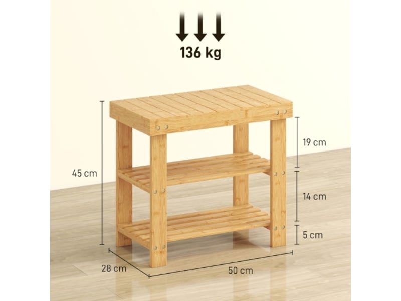  Banc à chaussures en bambou naturel avec assise et 2 étagères, 50x28x45 cm, pour entrée  - Conforama C