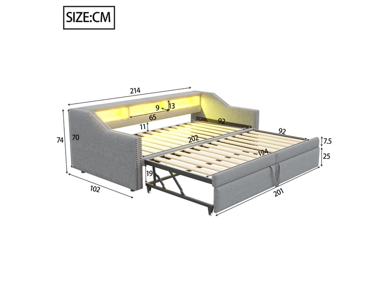 Lit banquette simple 90×200 cm extensible en 180×200 cm, led et usb - okmyhome- gris clair, 2 matelas inclus - Conforama D