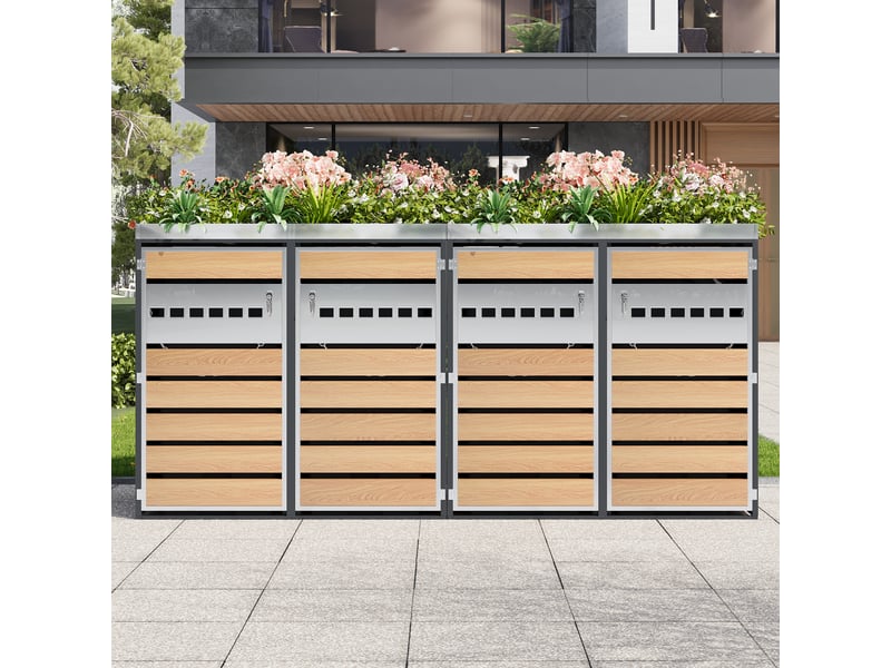 Cache-poubelles 4 compartiments avec bac à plantes, ventilation losange, métal noir  - Conforama B