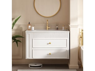 Meuble vasque mural blanc 81 cm avec lavabo céramique, tiroirs et étagère latérale