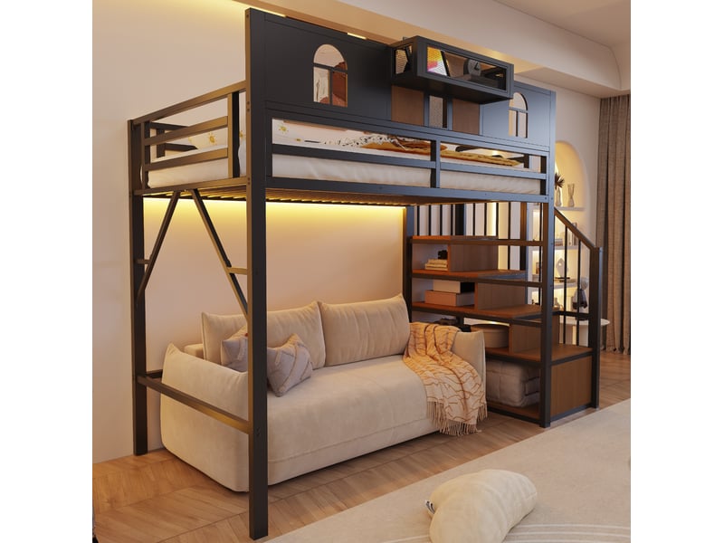 Lit en hauteur, 90x200 cm, échelle avec rangement, niche, fenêtres, rangement, mdf et métal, pour chambre, coloris noir  - Conforama D