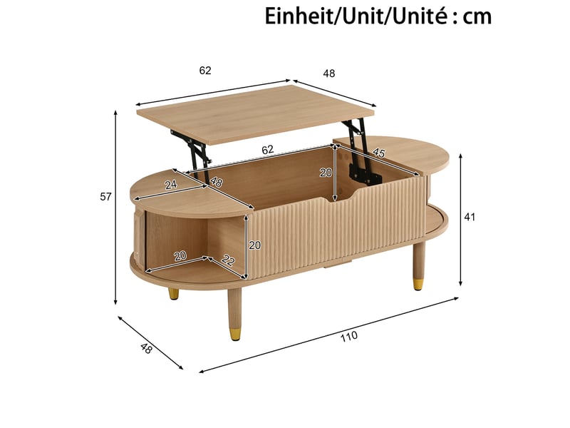  Table basse relevable avec rangement caché et 2 portes coulissantes rainurées, en mdf naturel, 110 × 48 × 57 cm  - Conforama D