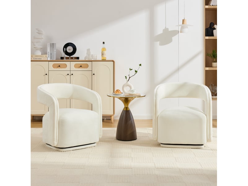 Fauteuil pivotant 360° tonneau avec dossier ergonomique et assise rembourrée en chenille blanche - Conforama D