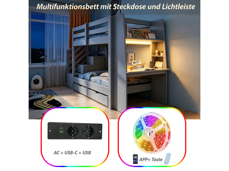 Lit superposé 90x200 cm - avec éclairage led - avec rangement - en bois - gris CARDUME ESTIVAL - Conforama D