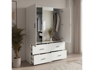 Armoire blanche 2 portes avec miroir central, 4 tiroirs, grand rangement, élégance et fonctionnalité