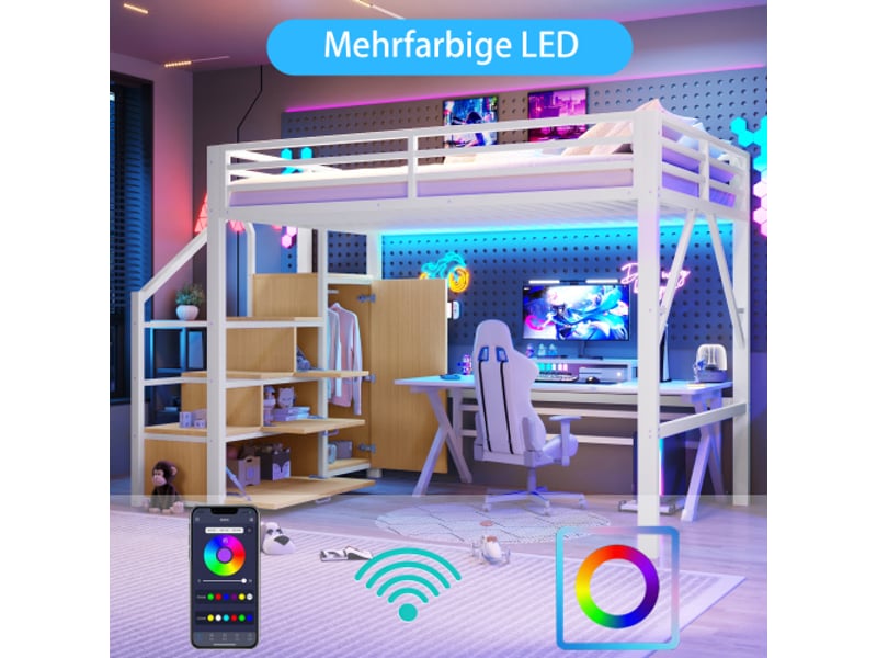  Lit mezzanine métallique 140x200 cm – rangements, armoire et éclairage led blanc  - Conforama E