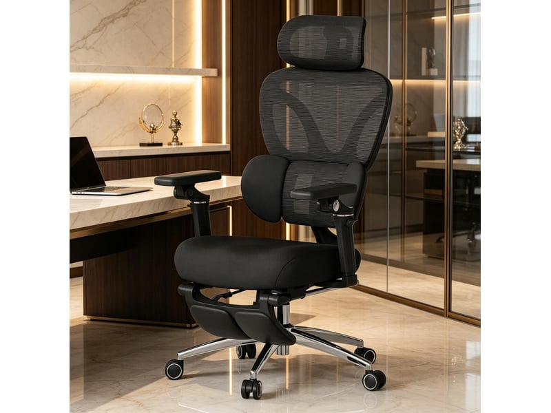  Fauteuil de bureau ergonomique noir avec repose-pieds, appui-tête et soutien lombaire  - Conforama D