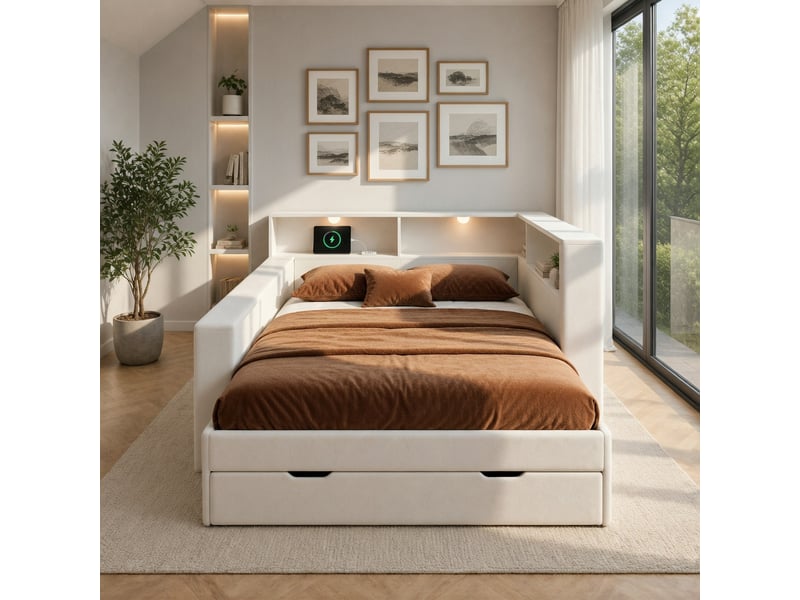  Canapé-lit 140 x 200 cm, avec lampe de lecture, équipé d'un port de recharge usb type-c et d'un tiroir, blanc  - Conforama B