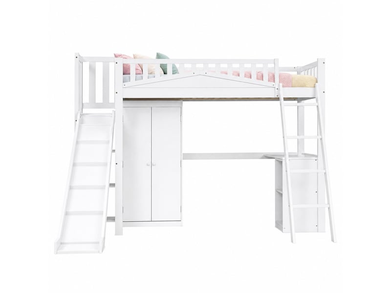  Lit mezzanine enfant 200×90 cm avec toboggan, bureau, armoire et rangements, sans matelas, blanc  - Conforama A