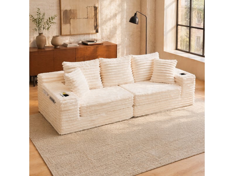  Canapé convertible 273x98x87 cm à dossier haut, velours côtelé beige  - Conforama B