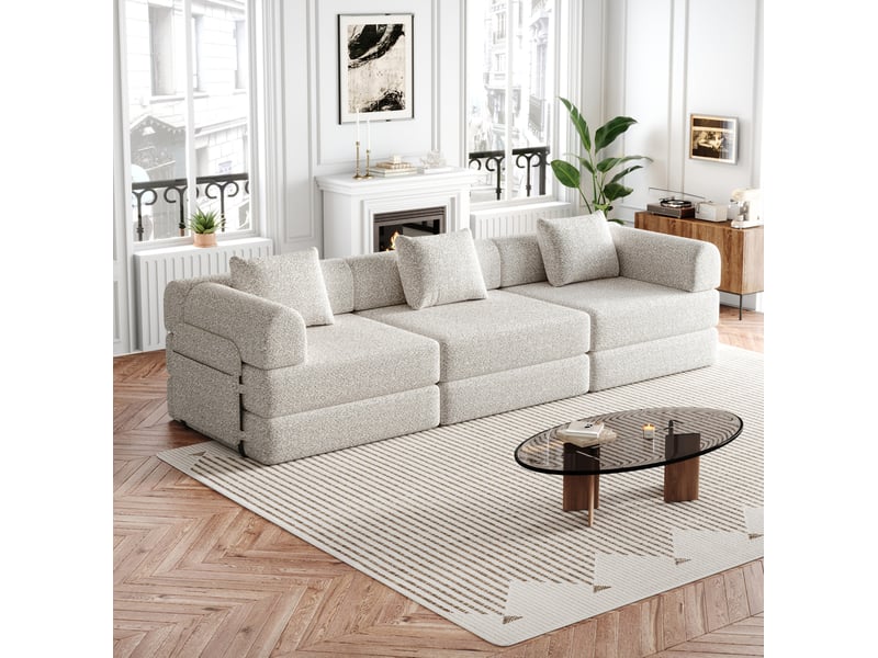 Canapé modulable 274x91,4x69,8cm, accoudoir avec rangement, canapé de salon, structure en métal, tissu chenille, kaki - Conforama B