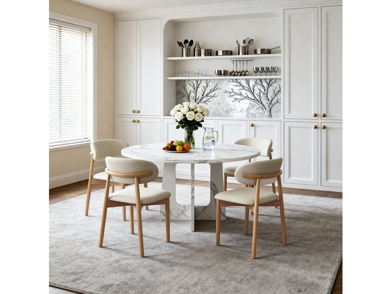  Ensemble table et 4 chaises de salle à manger pour 4 à 6 personnes avec plateau aspect marbre, en mdf blanc  - Conforama C