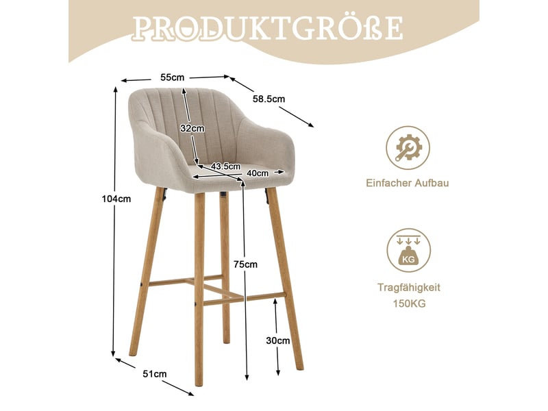Lot de 2 tabourets de bar 58,5x55x104 cm, dossier haut, accoudoirs, meuble de cuisine, meuble de salon, tissu lin beige  - Conforama C