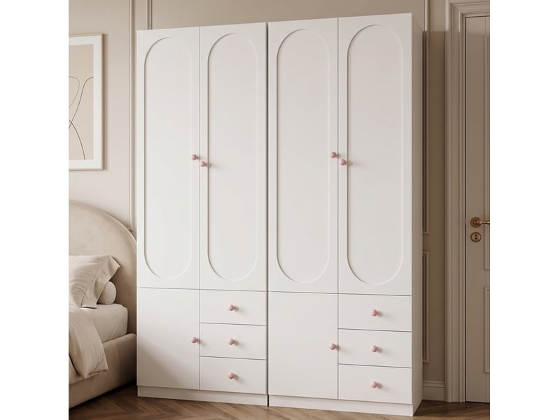  Lot de 2 armoires penderies 80x50x200 cm blanches en mdf, 2 portes, 3 tiroirs et tringle de rangement  - Conforama E
