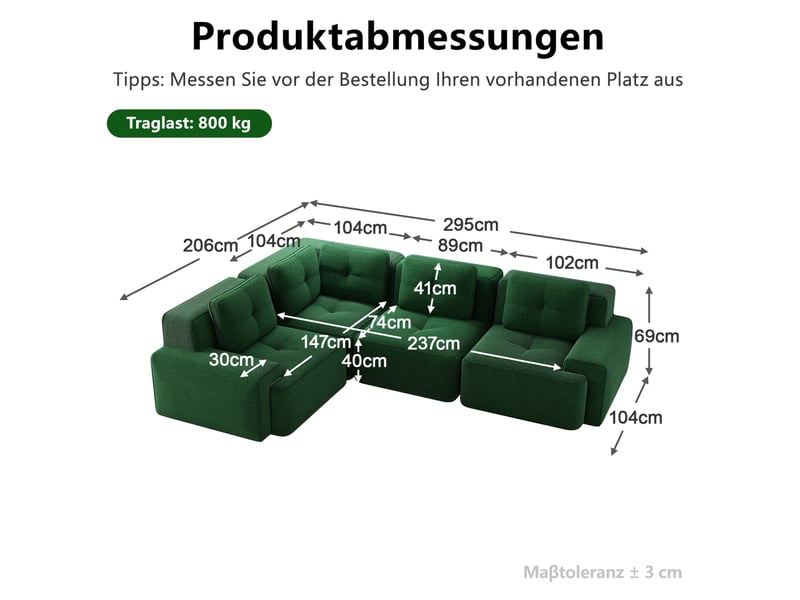  Canapé d'angle modulaire 4 places en velours côtelé vert - 295 x 295 x 69 cm  - Conforama E