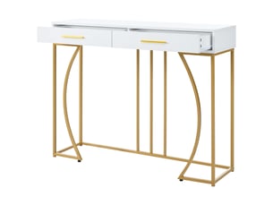 Console d’entrée avec 2 tiroirs, style luxe léger, blanc et or, 110x32x85 cm, table d’appoint