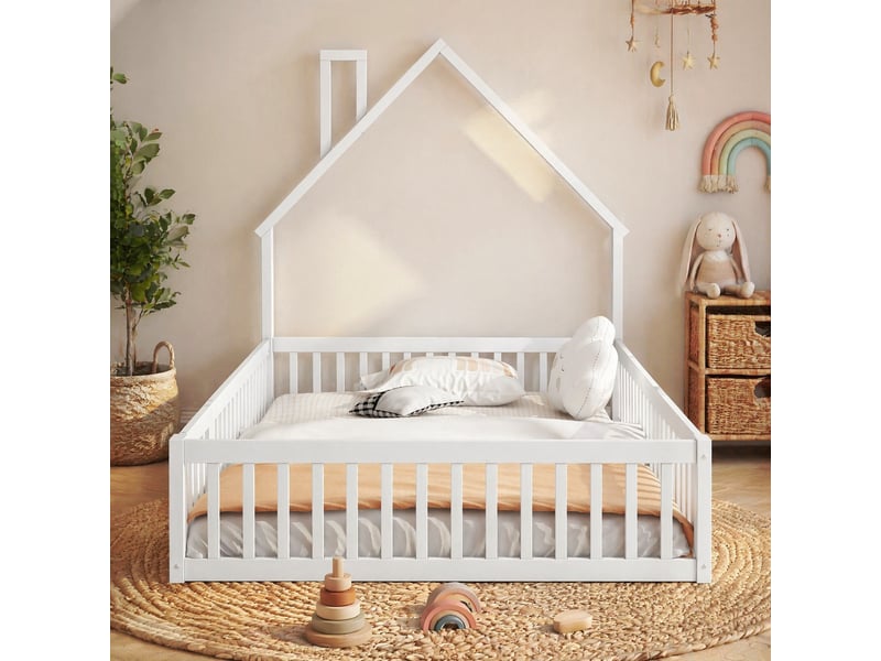  Lit cabane enfant avec cheminée 140 x 200 cm blanc en pin et mdf  - Conforama C
