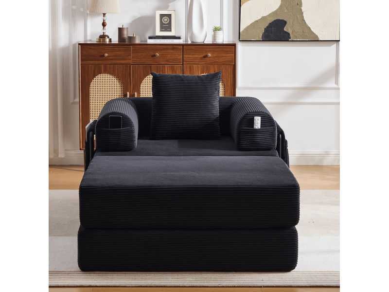  Fauteuil modulaire modenvie en velours côtelé noir avec pouf, coussin et poche latérale 112 x 190 x 67 cm  - Conforama E