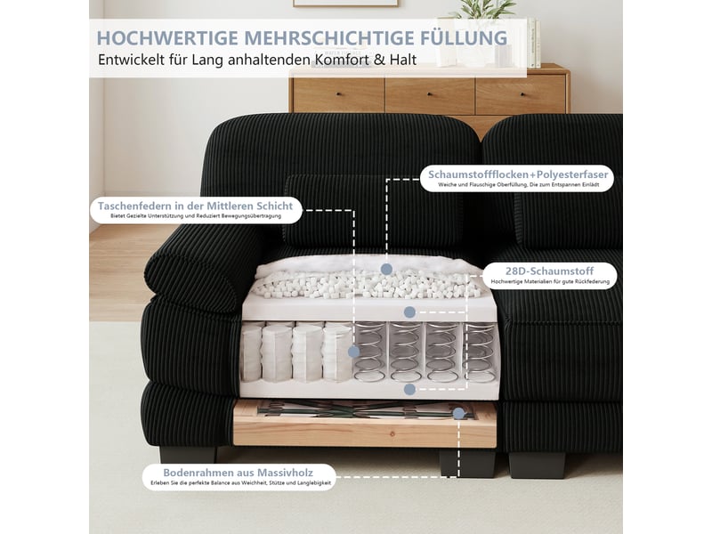 Canapé d'angle modulable - 4 places - forme l - 1 ottoman - assise profonde - velours côtelé - mobilier de salon - pratique - noir CozyNest - Conforama E