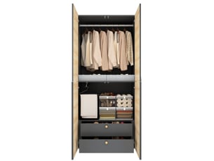 Armoire 2 portes avec penderie, porte-pantalons et 2 tiroirs en mdf gris et bois pour chambre 90 × 50 × 200 cm