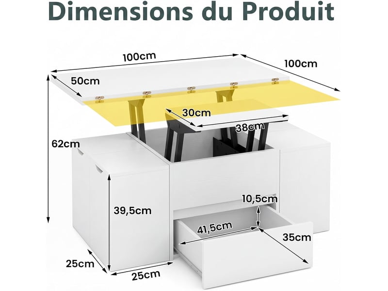  Table basse relevable avec 4 tabourets de rangement, compartiment caché, 1 tiroir, table de café moderne avec plateau relevable, charge 75 kg (blanc)  - Conforama D