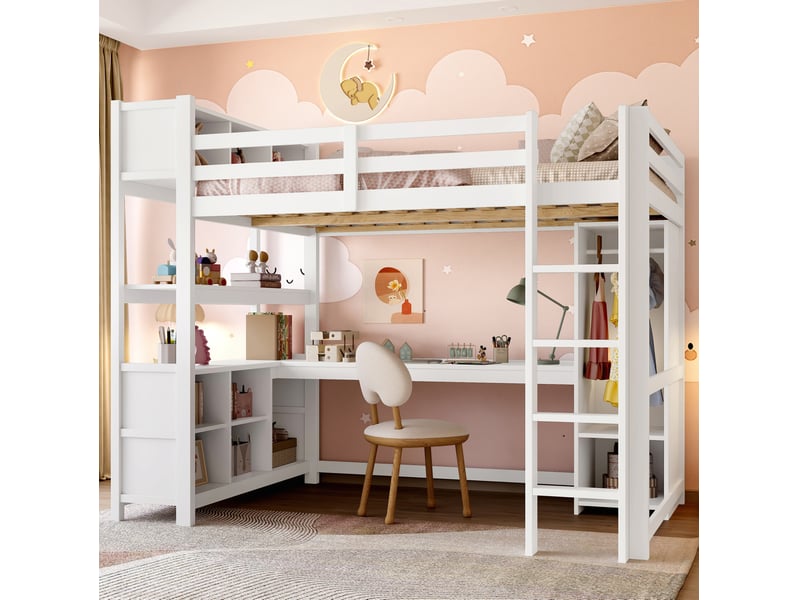  Lit en hauteur, 140x200 cm, lit en hauteur, avec bureau, rangements, matelas non inclus, bois et mdf, coloris blanc  - Conforama E