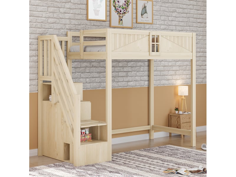 Lit mezzanine 90 x 200 cm en bois, échelle latérale réversible avec rangement - Conforama D