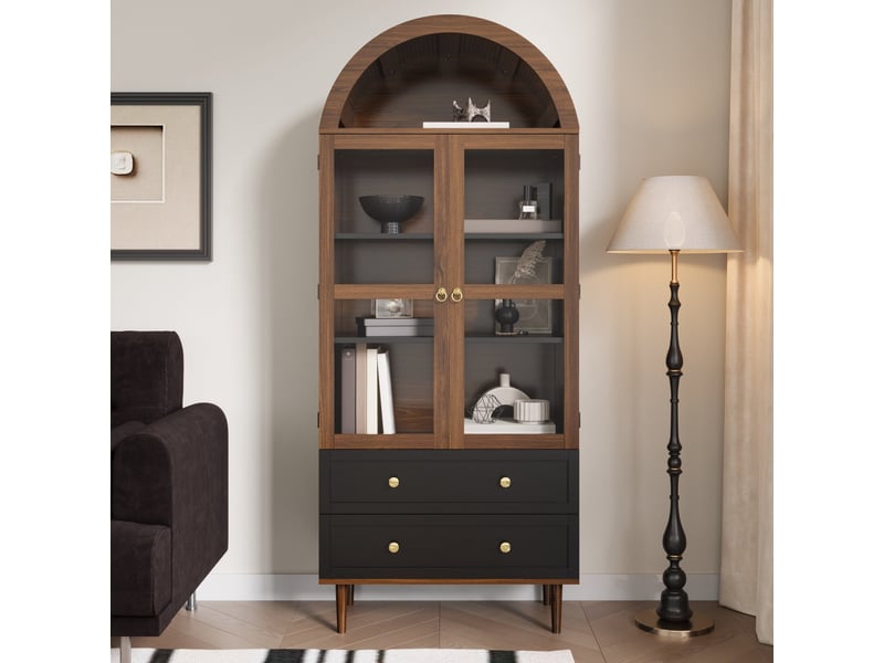  Vitrine rétro à deux portes, 70 x 38 x 165 cm, avec deux tiroirs de rangement, verre bombé et étagères réglables, couleur noyer  - Conforama D