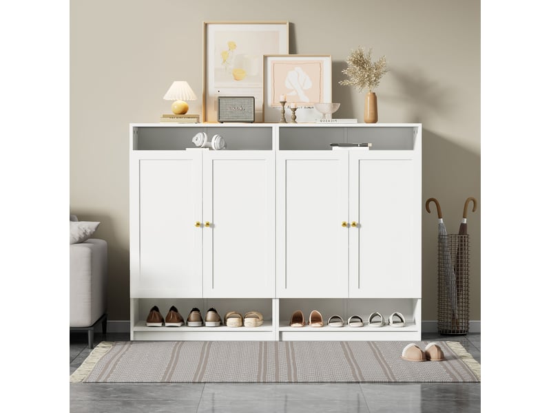  Meuble à chaussures ulevr 2 portes avec rangement, étagères réglables, 146 x 34 x 109 cm, panneaux de particules blancs et poignées dorées  - Conforama B