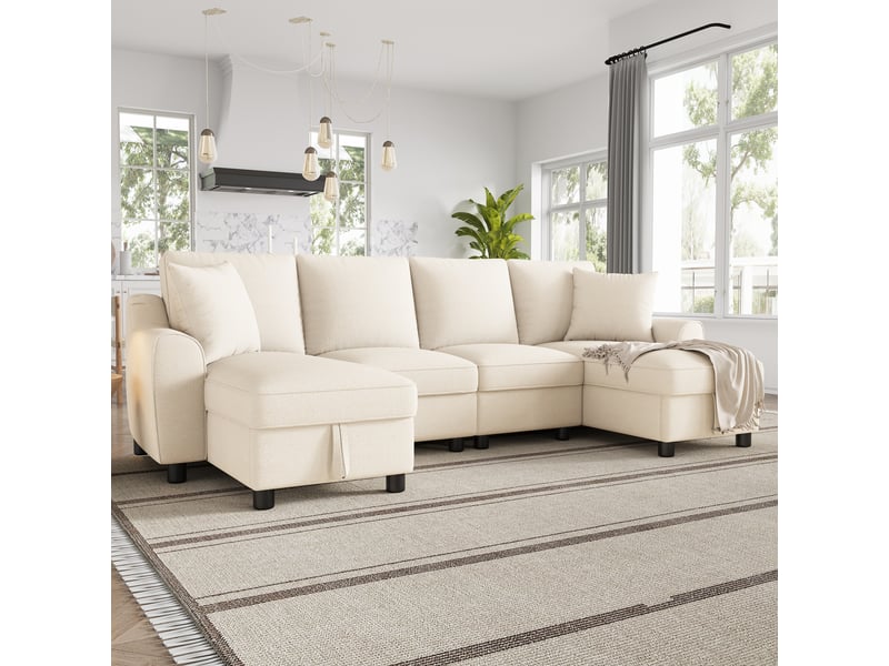  Canapé d'angle, canapé convertible – 2 places, en chenille, 280 × 137 × 84 cm, beige, avec méridienne, avec rangement  - Conforama E