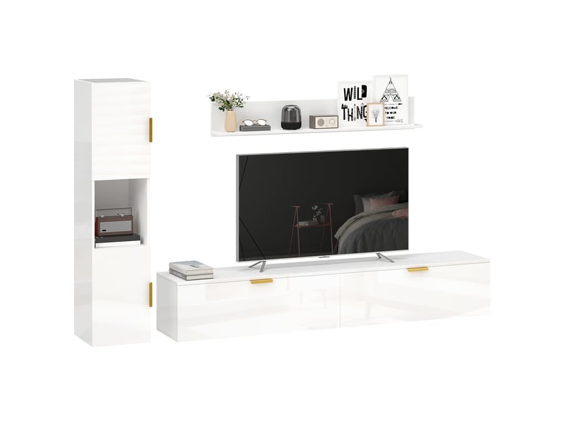  Ensemble meuble tv mural 3 pièces suspendu avec étagère blanc brillant 180 cm  - Conforama A