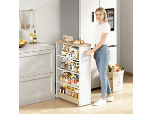 Chariot de rangement étroit, blanc + naturel, 55x20x85 cm, mdf, étagère rangement, meuble salon, pratique pour salon chambre bureau