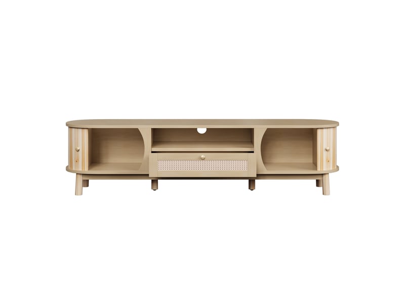  Meuble tv 165 cm, buffet bas de salon avec portes coulissantes et tiroirs en rotin, en mdf et rotin tressé de style bohème chic rustique, naturel  - Conforama D