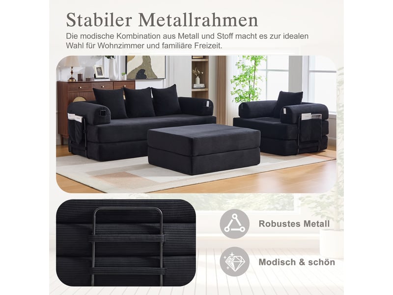  Canapé d'angle convertible 4 places en velours côtelé noir avec hocker, 4 coussins et poche latérale  - Conforama E